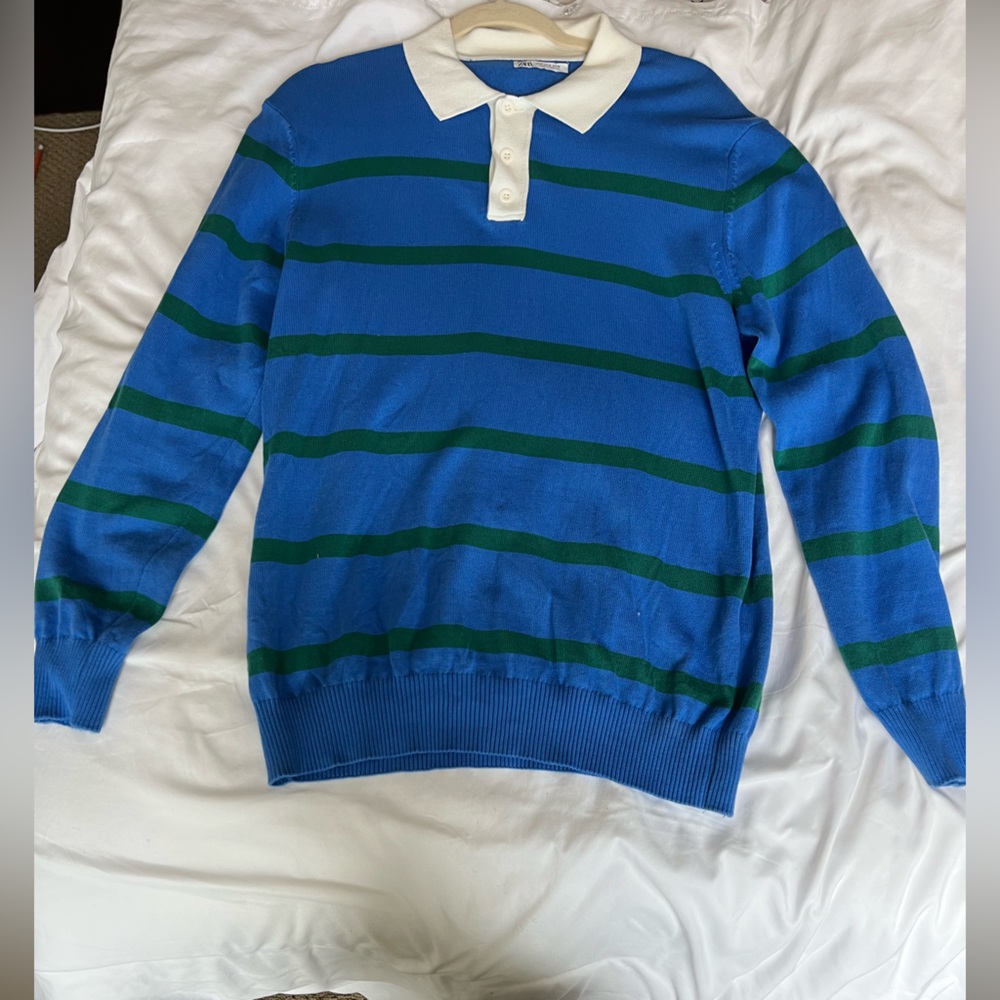 Blue and Green Striped Zara Polo Sweater